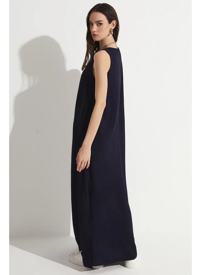 JUNE Navy V-Neck Dress