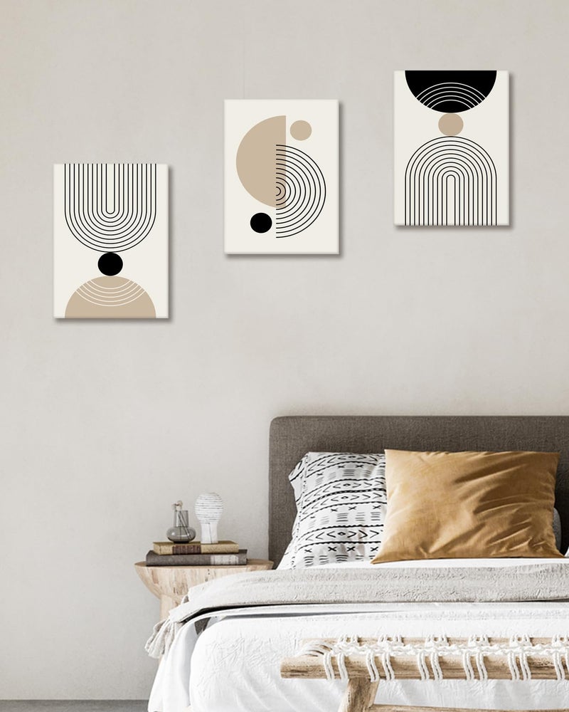 HesenDot Abstract Geometric Wall Art Set of 3, 30x40CM Minimalist Line Framed Canvas Prints, Boho Modern Neutral Beige Black Shapes Wall Decor for Living Room Bedroom Bathroom Office Home - Image 4