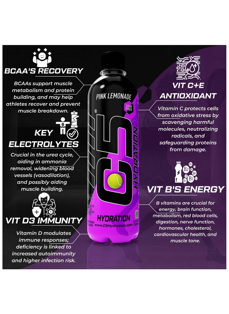 C5 - C5 HYDRATION Pink Lemonade Electrolytes & Vitamin Water- Zero Sugar, 20 Calorie BCAA for Recovery -VIT B ENERGY, VIT C & E ANTIOXIDANT, VIT D3 for IMMUNITY - Refreshing Ramadan Drink Pack of 12 - Image 1
