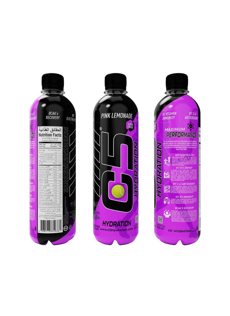 C5 - C5 HYDRATION Pink Lemonade Electrolytes & Vitamin Water- Zero Sugar, 20 Calorie BCAA for Recovery -VIT B ENERGY, VIT C & E ANTIOXIDANT, VIT D3 for IMMUNITY - Refreshing Ramadan Drink Pack of 12 - Image 1
