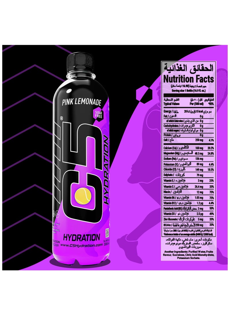 C5 - C5 HYDRATION Pink Lemonade Electrolytes & Vitamin Water- Zero Sugar, 20 Calorie BCAA for Recovery -VIT B ENERGY, VIT C & E ANTIOXIDANT, VIT D3 for IMMUNITY - Refreshing Ramadan Drink Pack of 12 - Image 1