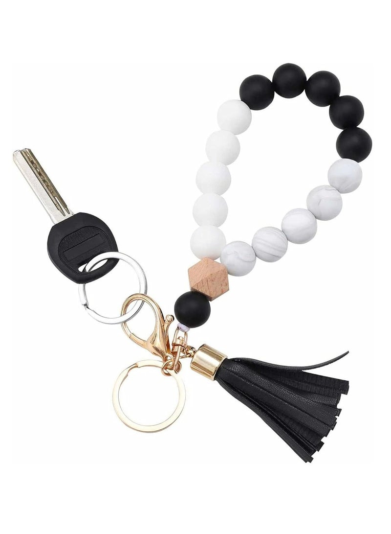 Oasisgalore Silicone Key Ring Bracelet Wristlet, Beaded Bangle Keychain with Leather Tassel for Women.  - Image 1