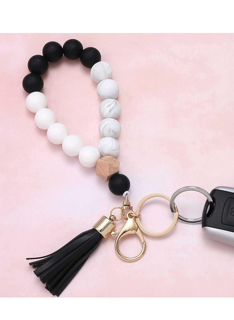 Oasisgalore Silicone Key Ring Bracelet Wristlet, Beaded Bangle Keychain with Leather Tassel for Women.  - Image 3