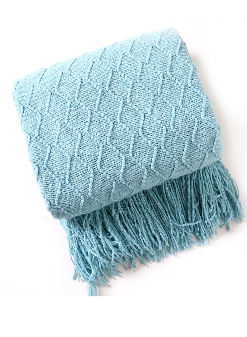 Loquat Solid Color Tassel Design Knitted Soft Throw Blanket Lake Blue  - Image 2