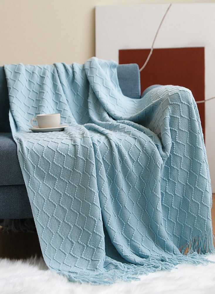 Loquat Solid Color Tassel Design Knitted Soft Throw Blanket Lake Blue  - Image 1