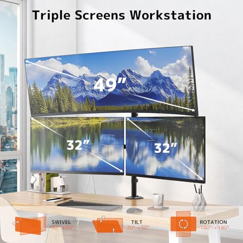PUTORSEN Triple Monitor Mount for Up to 49" Ultrawide and 32" Monitors per Side Arm, Extra Tall 3 Monitor Desk Mount Holds up to 44 lbs, VESA 75/100 mm - Image 2