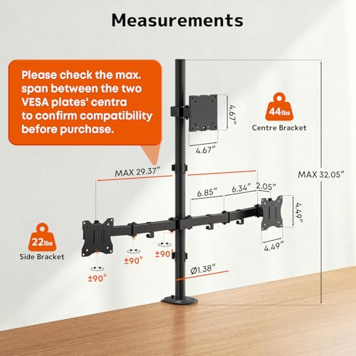 PUTORSEN Triple Monitor Mount for Up to 49" Ultrawide and 32" Monitors per Side Arm, Extra Tall 3 Monitor Desk Mount Holds up to 44 lbs, VESA 75/100 mm - Image 5