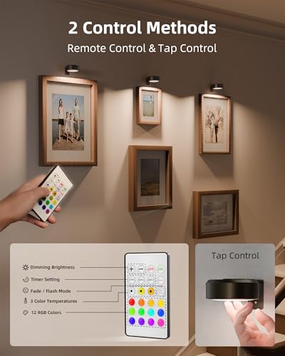 EZVALO Picture Lights for Wall, 2000mAh Rechargeable Battery Magnetic Poster Lights with 3 Color Temps & 12 RGB, Remote Dimmable Timer Painting Light, Wall Decor Light for Art Display, Frame (3 Pack) - Image 5