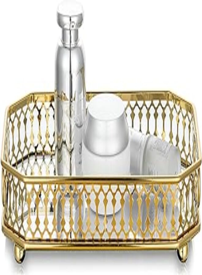 NUPTIO Mirrored Glass Make up Tray 24cm Length, Gold Rectangle Decorative Tray Candle Plate Jewelry Tray Storage Organizer Mirror Vanity Tray for Dresser Bathroom Bedroom Home Decor