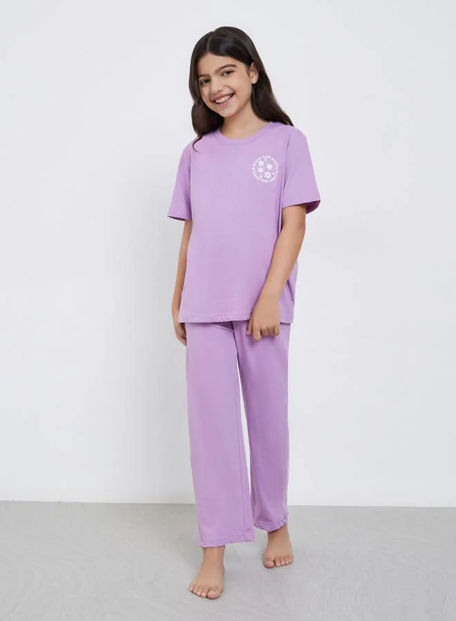 Styli Styli Girls Lilac Cotton T-Shirt and Pyjama Set