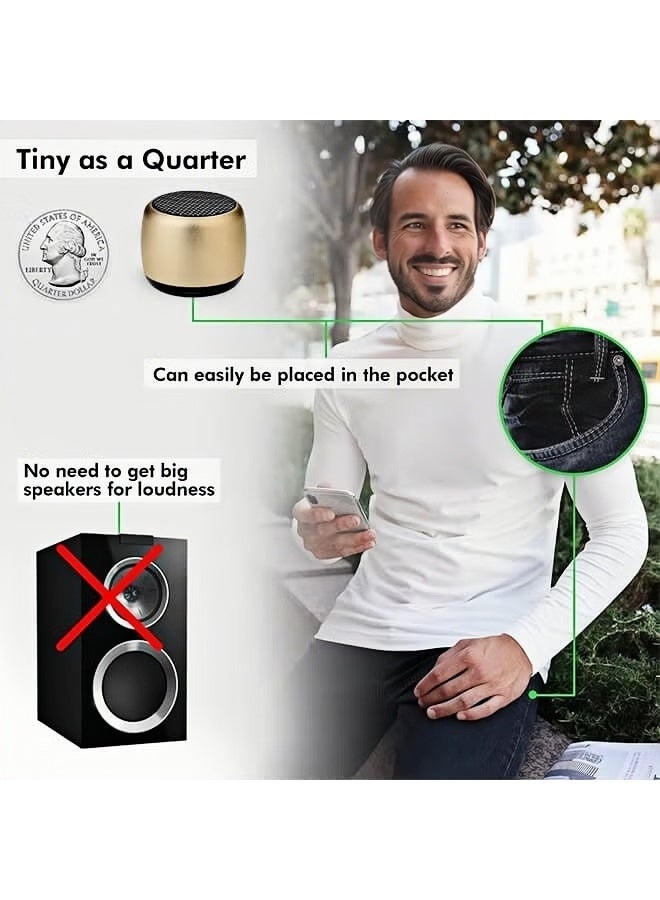 Mini Speaker Portable Bluetooth Speaker Mini Wireless Speaker with HD Sound, Deep Bass and 360° Surround Audio, Small Metal Bluetooth Speaker Compatible with Phone, Tablet and PC, Compact Outdoor Travel Speaker for Home, Hiking and Biking – Gold - Image 3