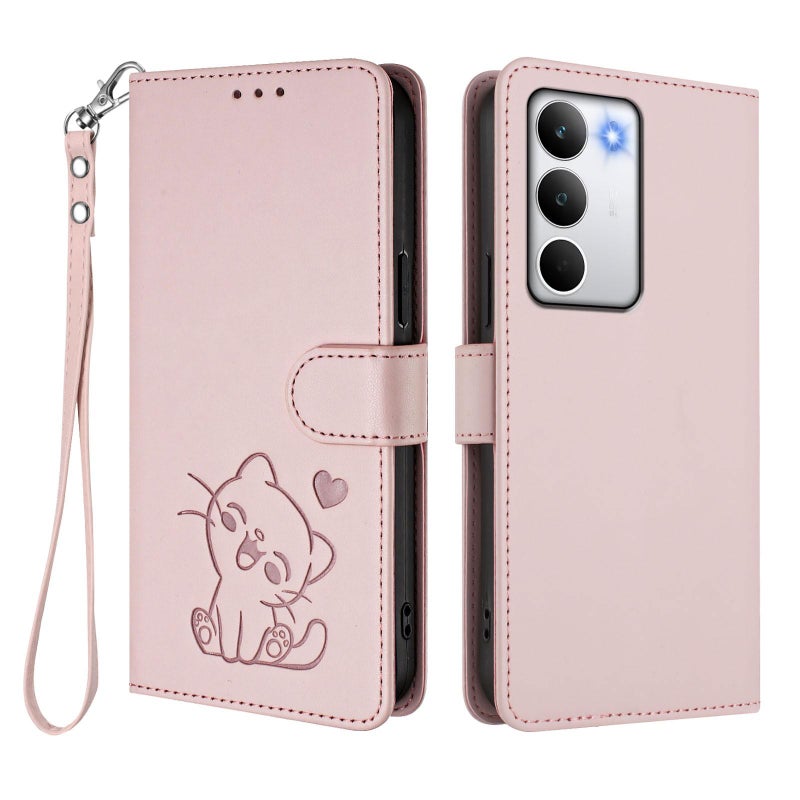 إيروريكس جراب هاتف Realme C71 4G Global من جلد القطة المنقوش مع حزام يد (وردي) - Image 2