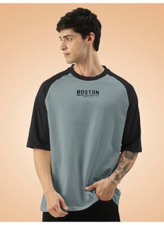 Maniac Mens Printed Round Neck raglan 3/4th Sleeve Light Grey and Black Cotton Oversized Tshirt  - Image 1