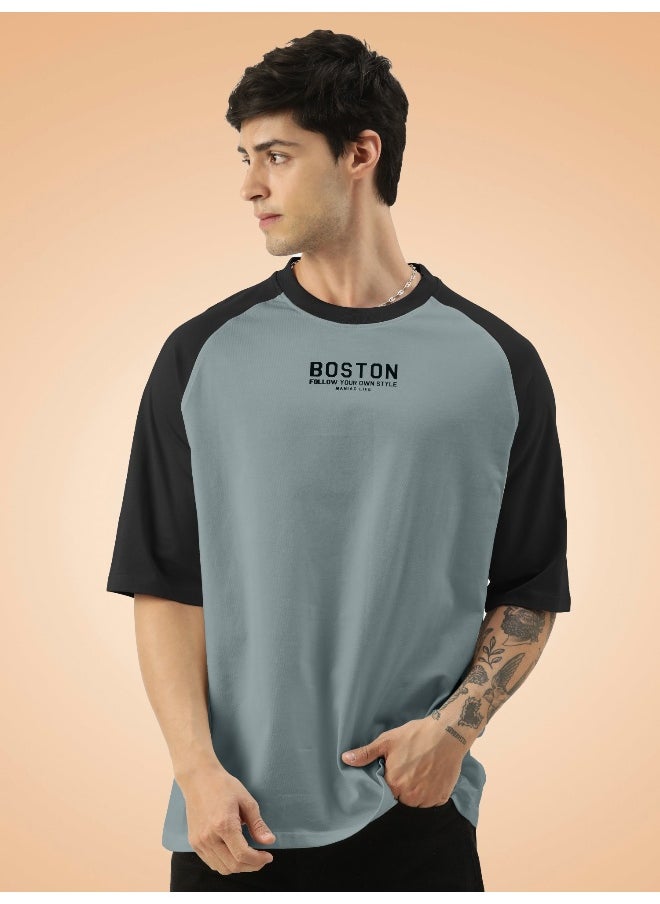 Maniac Mens Printed Round Neck raglan 3/4th Sleeve Light Grey and Black Cotton Oversized Tshirt  - Image 1