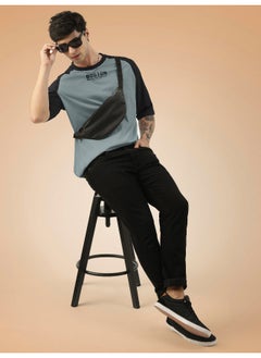 Maniac Mens Printed Round Neck raglan 3/4th Sleeve Light Grey and Black Cotton Oversized Tshirt  - Image 3