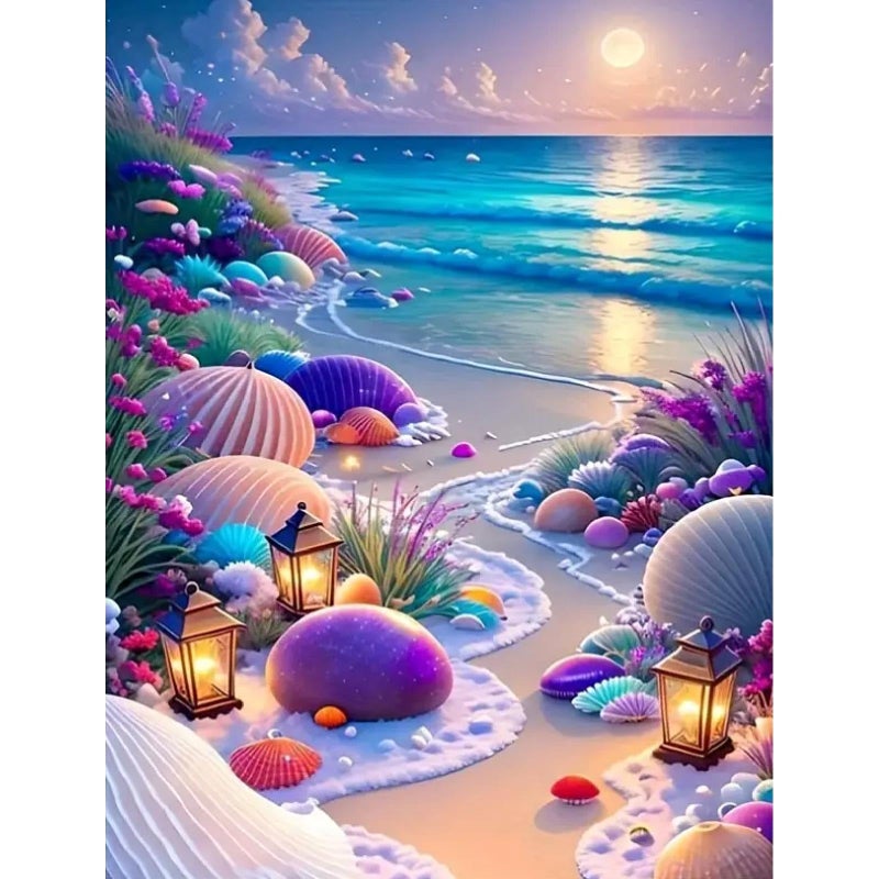 MOMDEDP Beach Diamond Painting Kits for Adults, 5D Seashell Diamond Art Kits for Beginners, DIY Full Round Drill Seashell Paint by Diamonds, DIY 5D Gem Art Sun Perfect for Relax 12 x 16 Inch Sunshine - Image 1
