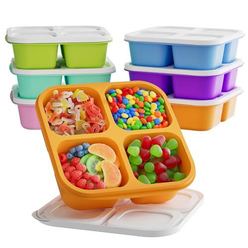 KEMETHY 6 Pcs Bento Snack Containers, Reusable 4 Compartment Food Storage Container with Lids, Divided Lunchable Container, Freezer, Microwave & Dishwasher Safe (6 Color) - Image 1