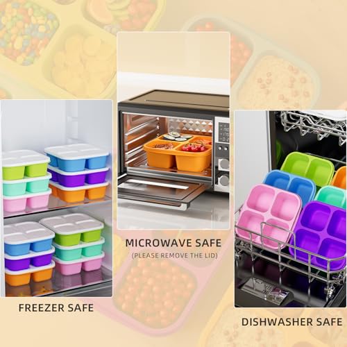 KEMETHY 6 Pcs Bento Snack Containers, Reusable 4 Compartment Food Storage Container with Lids, Divided Lunchable Container, Freezer, Microwave & Dishwasher Safe (6 Color) - Image 5