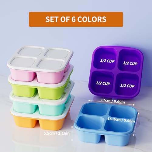KEMETHY 6 Pcs Bento Snack Containers, Reusable 4 Compartment Food Storage Container with Lids, Divided Lunchable Container, Freezer, Microwave & Dishwasher Safe (6 Color) - Image 2