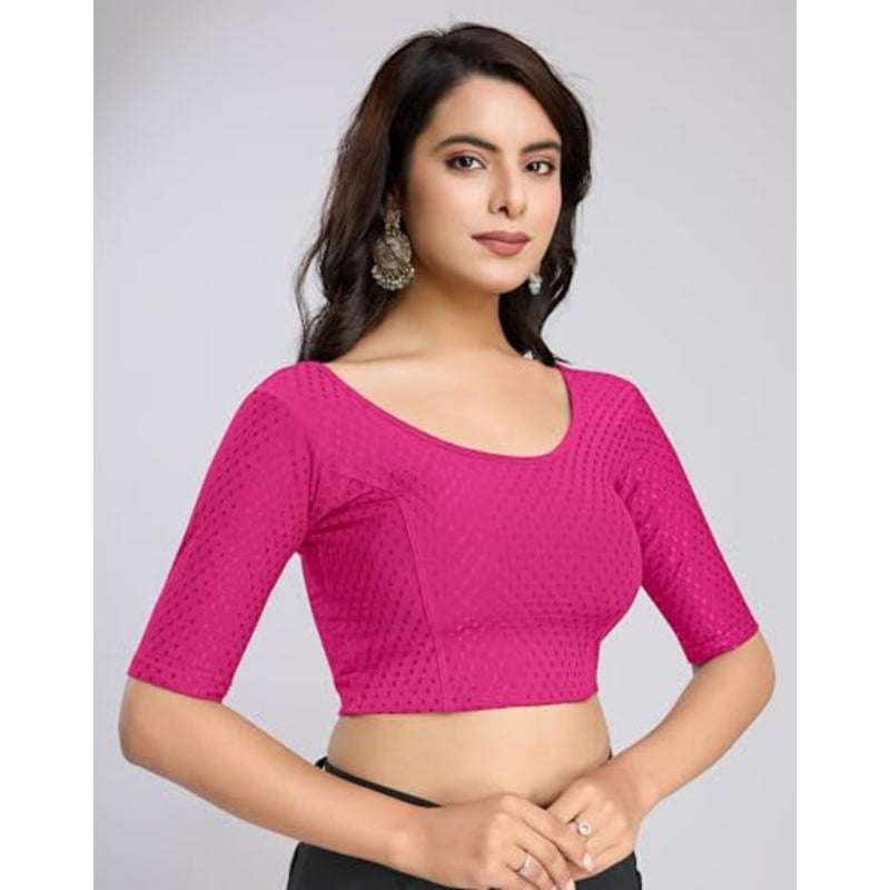 Trendmalls Women's Dobby Pure Cotton Elastin Stretchable Readymade Round Neck Elbow Length Sleeves Blouse Choli Stylish Saree Blouse Ready to Wear - Image 3