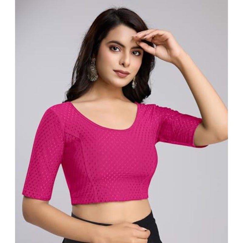 Trendmalls Women's Dobby Pure Cotton Elastin Stretchable Readymade Round Neck Elbow Length Sleeves Blouse Choli Stylish Saree Blouse Ready to Wear - Image 5