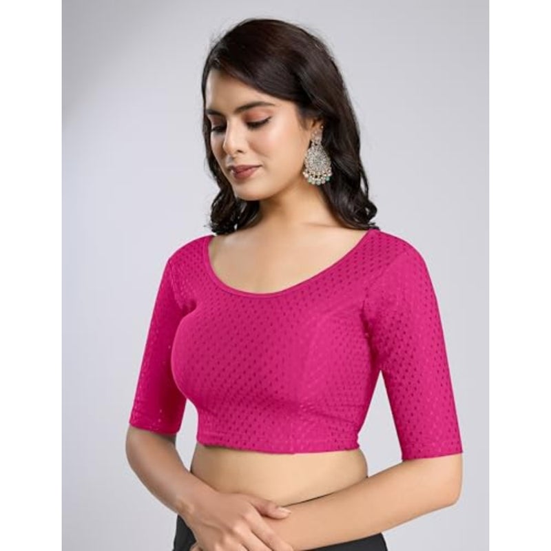 Trendmalls Women's Dobby Pure Cotton Elastin Stretchable Readymade Round Neck Elbow Length Sleeves Blouse Choli Stylish Saree Blouse Ready to Wear - Image 4