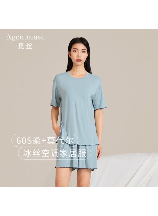 Agentmuse Ultra-soft Modal Pajama Set For Women, Loose-fitting Breathable Short Sleeve Shorts Loungewear 767t Blue-green S