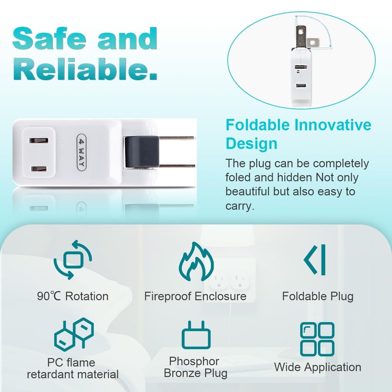 SYCON 4 Outlet Wall Adapter, 2-Prong Swivel Ungrounded Indoor AC Mini Plug Wall Tap - White - Image 3