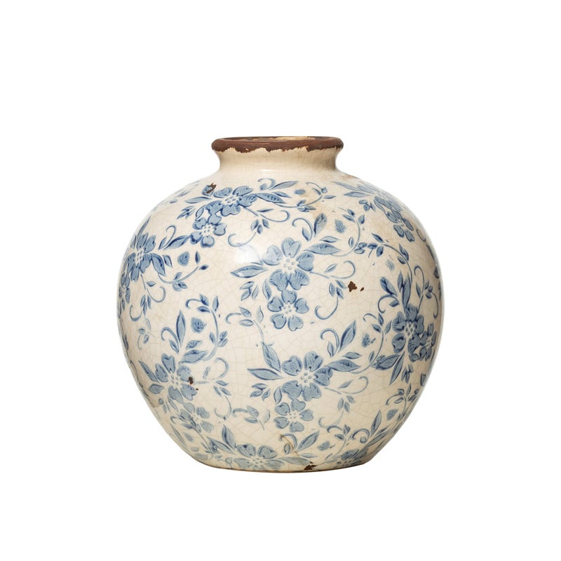 Creative Co-Op DF2720 8"" H Terracotta Floral Transferware Pattern & Crackle Finish Vase  Blue
