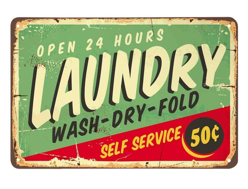 AOYEGO Laundry Tin Sign,Self Service Wash Dry Fold Vintage Metal Tin Signs for Cafes Bars Pubs Shop Wall Decorative Funny Retro Signs for Men Women 8x12 Inch - Image 1