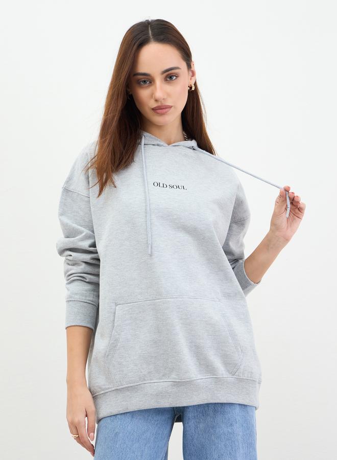 Styli Grey Graphic Print Longline Hoodie - Image 1