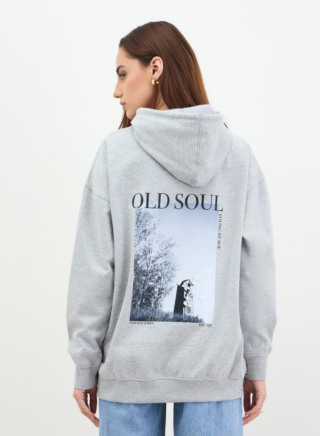 Styli Grey Graphic Print Longline Hoodie - Image 4
