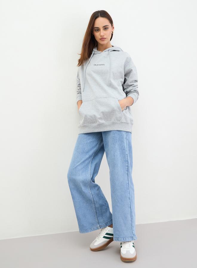 Styli Grey Graphic Print Longline Hoodie - Image 2