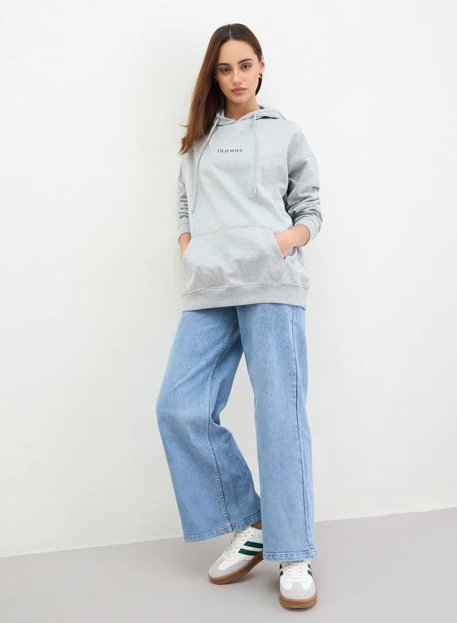 Styli Grey Graphic Print Longline Hoodie