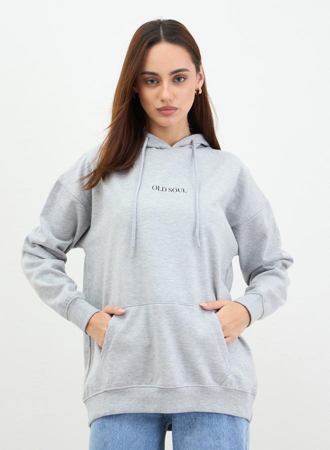 Styli Grey Graphic Print Longline Hoodie - Image 1