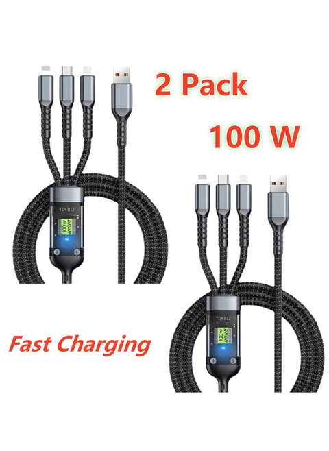 كابل شاحن USB 3 في 1 ، 2 حزمة 100 واط كابلات شحن سريع
