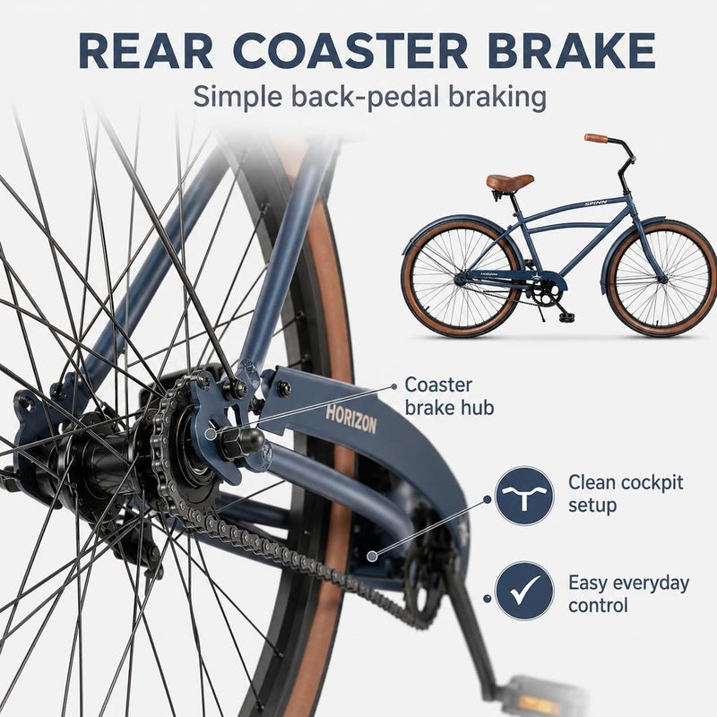 Spinn Horizon 1-Speed 26-Inch Men's Cruiser Bike | 26-Inch Wheel Size |Coaster Brake And Double-Spring Saddle | Matte Indigo - Image 4