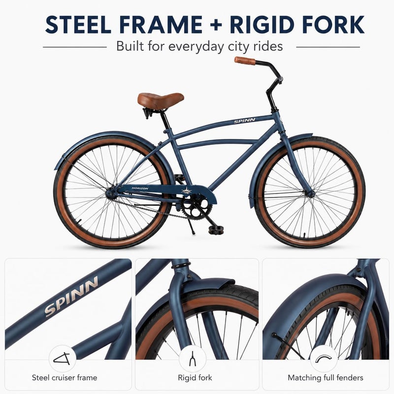 Spinn Horizon 1-Speed 26-Inch Men's Cruiser Bike | 26-Inch Wheel Size |Coaster Brake And Double-Spring Saddle | Matte Indigo - Image 5