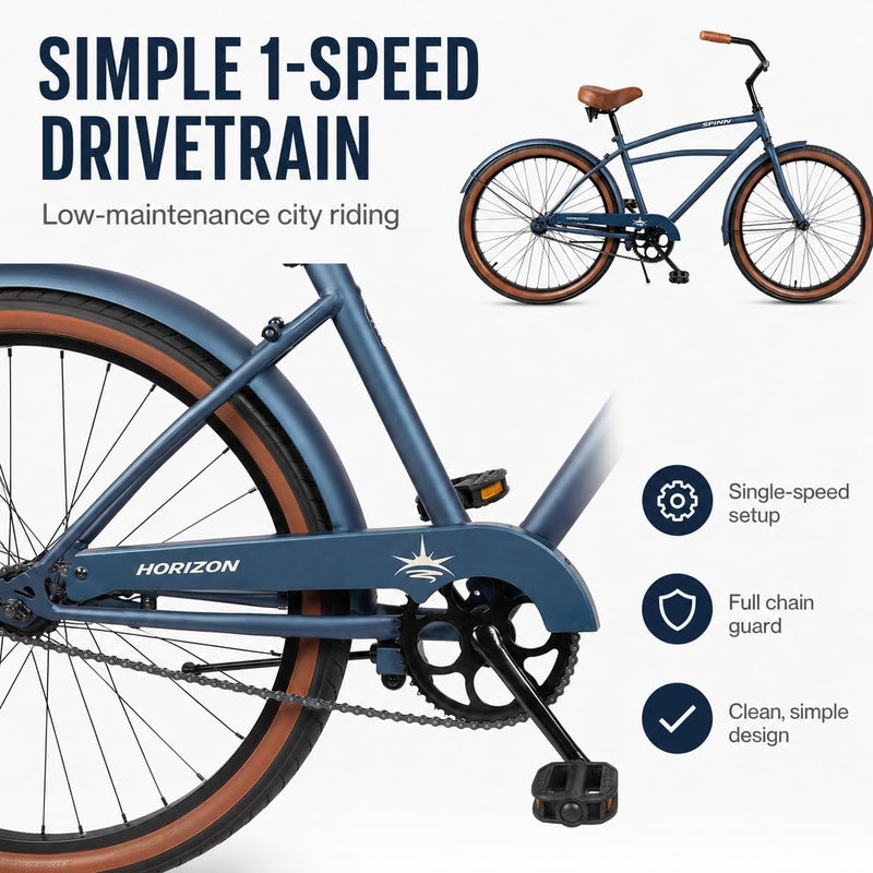 Spinn Horizon 1-Speed 26-Inch Men's Cruiser Bike | 26-Inch Wheel Size |Coaster Brake And Double-Spring Saddle | Matte Indigo - Image 3