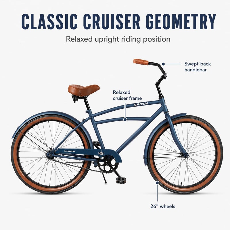 Spinn Horizon 1-Speed 26-Inch Men's Cruiser Bike | 26-Inch Wheel Size |Coaster Brake And Double-Spring Saddle | Matte Indigo - Image 2