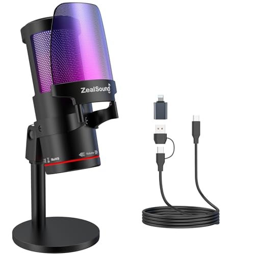 ZealSound USB Microphone for PC Mac iPhone Android Podcast Mic with Noise Cancellation Touch Mute RGB Light Volume Monitor Control for Streaming Gaming Podcasting ASMR TikTok Discord YouTube - Image 1