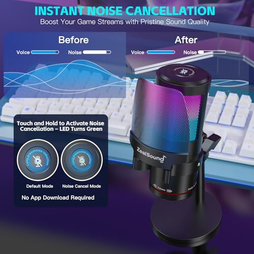 ZealSound USB Microphone for PC Mac iPhone Android Podcast Mic with Noise Cancellation Touch Mute RGB Light Volume Monitor Control for Streaming Gaming Podcasting ASMR TikTok Discord YouTube - Image 3