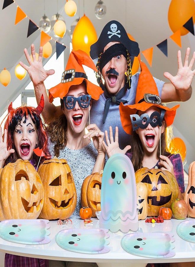 Whaline أطباق ورقية شبح هالوين من واهلين 40 قطعة لامعة لطيفة للاستخدام مرة واحدة، أدوات مائدة لحفلة هالوين، زينة لطاولة عيد الميلاد أو حفلة استقبال المولود - Image 4