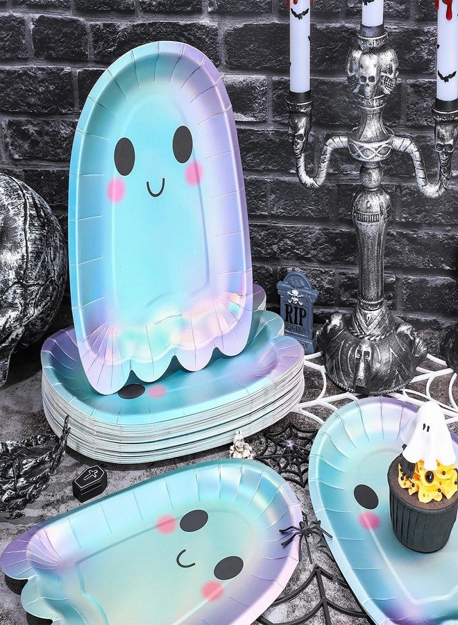 Whaline أطباق ورقية شبح هالوين من واهلين 40 قطعة لامعة لطيفة للاستخدام مرة واحدة، أدوات مائدة لحفلة هالوين، زينة لطاولة عيد الميلاد أو حفلة استقبال المولود - Image 3