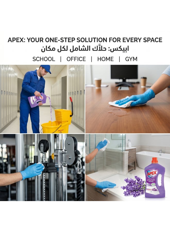 APEX منظف متعدد الاستخدامات من أبكس، سائل تنظيف الأرضيات والأسطح المتعددة مع تركيبة مطهرة للنظافة الصحية، يزيل البقع الصعبة، عطر طويل الأمد، لافندر، حزمة ترويجية 2 × 3 لتر، 6 لتر - Image 5