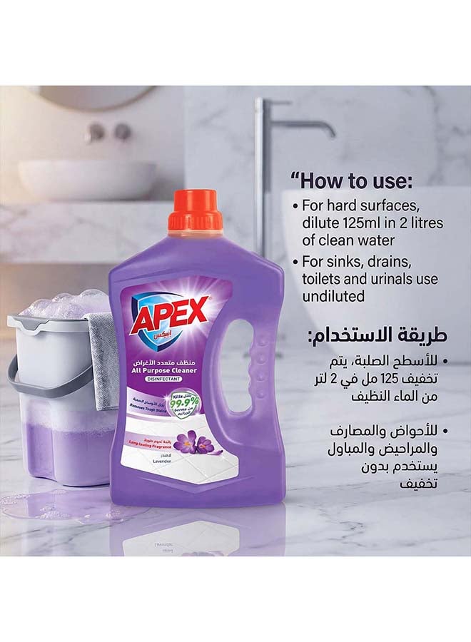 APEX منظف متعدد الاستخدامات من أبكس، سائل تنظيف الأرضيات والأسطح المتعددة مع تركيبة مطهرة للنظافة الصحية، يزيل البقع الصعبة، عطر طويل الأمد، لافندر، حزمة ترويجية 2 × 3 لتر، 6 لتر - Image 4