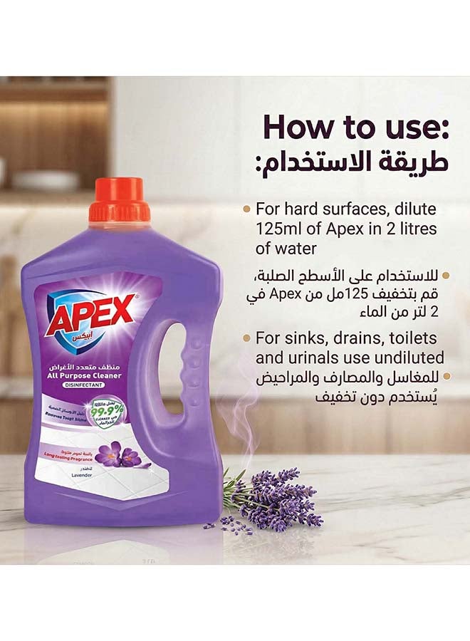 APEX منظف متعدد الاستخدامات من أبكس، سائل تنظيف الأرضيات والأسطح المتعددة مع تركيبة مطهرة للنظافة الصحية، يزيل البقع الصعبة، عطر طويل الأمد، لافندر، حزمة ترويجية 2 × 3 لتر، 6 لتر - Image 3