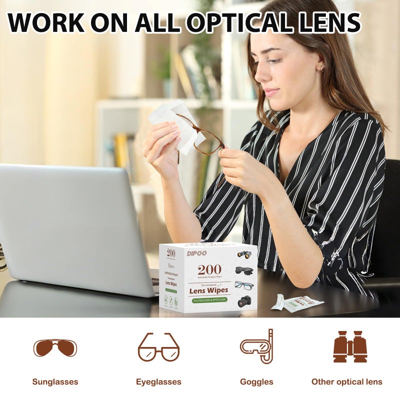 Dipoo 200 Count Lens Wipes for Eyeglasses, Eye Glasses Cleaner Wipes Pre-moistened Individually Wrapped Sracth-Free Streak-Free Eyeglasses Cleaning for Sunglass, Camera Lens, Goggles - Image 2