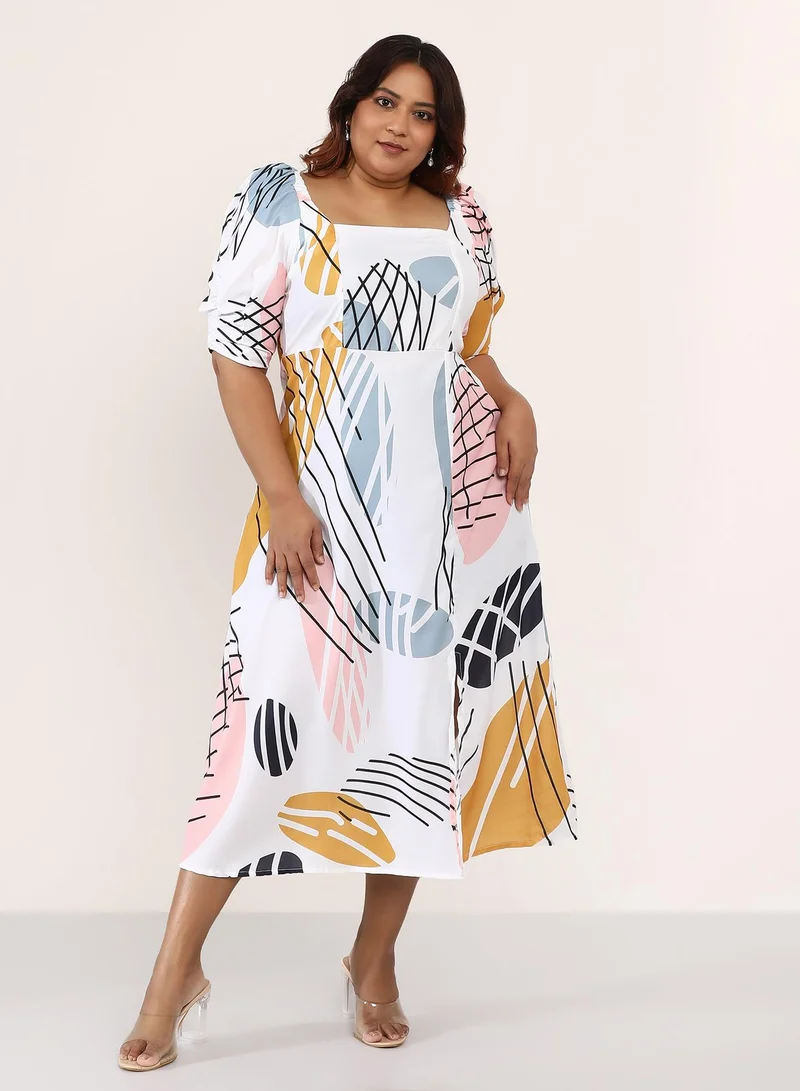 Instafab Plus Women's Contrast-Foliage Midi Dress | Square Neck , Short Puff Sleeves, Pull On Closure | Plus-Size Abstract Print Plain Woven Dress For Casual & Daily Wear | Chalk White