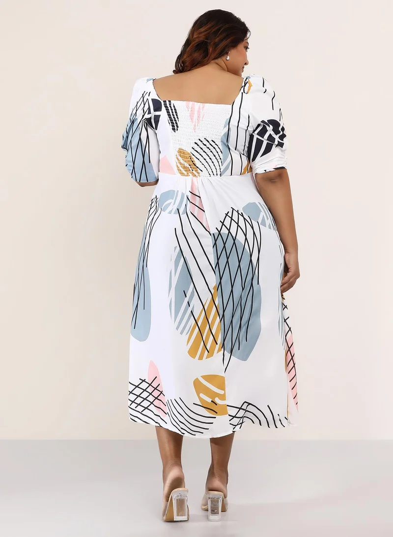 Instafab Plus  Women's Chalk White Contrast-Foliage Midi Dress for Women | Best Price UAE